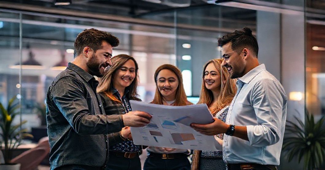 Small marketing team collaborating on analytics and strategy